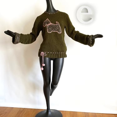 Handmade "Scottie Dog" Sweater | One of a kind | Hand Knit Deep Avocado / Olive Green with Lilac Accents & Crocheted dingle ball drawstring 