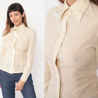 70s Shirt Cream Dagger Collar Shirt Button Up Shirt Long Sleeve Top Disco 1970s Collared Plain Seventies Fitted Tailored Extra Small xs 
