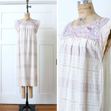 vintage pastel embroidered birds & floral motif boho dress • soft woven cotton kaftan loungewear 