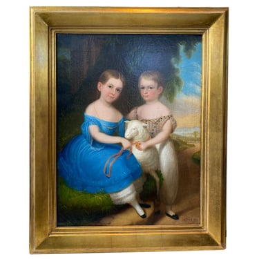 ROBERT STREET Oil on Canvas Painting, Portrait of Grundy Sisters with a Lamb
