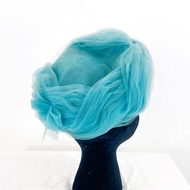 1960s Blue Tulle Hat | Turquoise Blue Tulle Netting Hat | Lonette 