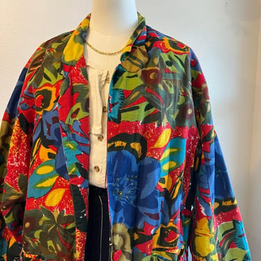 Vintage Bright Colorful Botanical Printed Oversized Linen Blazer Jacket Size L 