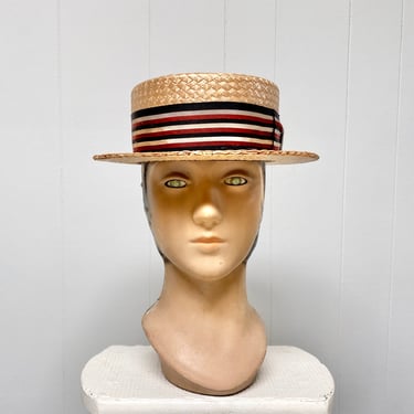 1950s Vintage Straw Boater, 50s Aetna Skimmer by Stetson, Mid-Century Natural Sennit Hat, Formal Summer Hat, Large 