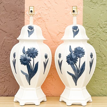 Pair of Blue Flower Ginger Jar Lamps