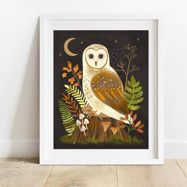 Barn Owl With Ferns and Mushrooms 8 X 10 Art Print/ Moody Forest Illustration/ Autumn Woodland Bird Decor/ Nature Inspired Wall Art 