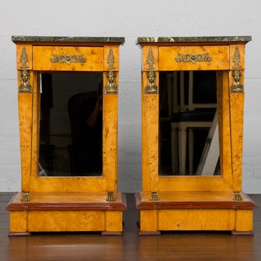 19th Century French Empire Burl Eye Maple Nightstands or Side Tables W/ Marble Tops and Mirrors - A Pair 