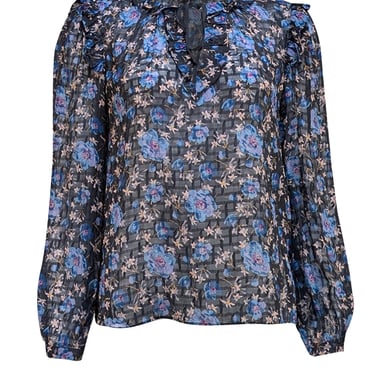 Rebecca Taylor - Black Floral Multi Color Semi Sheer Blouse Sz 6