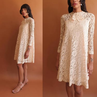 Vintage 60s Ivory Lace Tent Dress/ 1960s Mod Long Sleeve Bridal/ Short Wedding Dress/ Size Small 