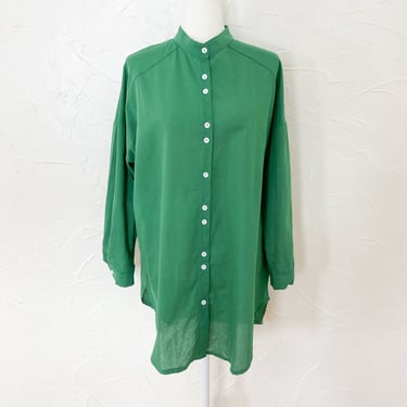 70s Green Linen White Button Up Long Sleeve Tunic | Large 