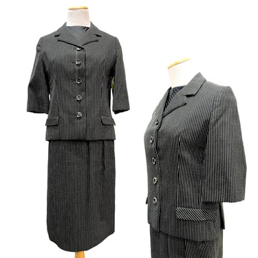 1960s Geoffrey Beene Suit, Designer Three Piece Dress, Black Pin Stripe Wool Suit, Polka Dot Silk Blouse, Three Quarter Sleeve Jacket 