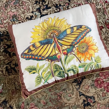 Vintage 1970’s quilted butterfly& sunflowers  pillow | yellow velvet, cottage core pillow, summer garden cushion 