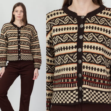 60s Husfliden Nordic Fair Isle Cardigan - Medium | Vintage Wool Button Up Norwegian Sweater 