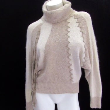 Silk Angora Sweater, Fringe, Pull Over, Turtle Neck, Soft Knit, Faux Suede Trim Vintage 80s 90s 