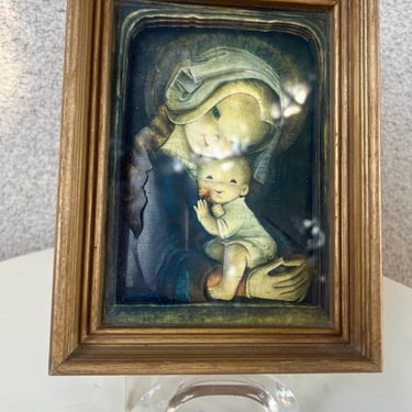 Vintage Framed 3D Paper Tole Art Madonna Child Print Anri Juan Ferrandiz 8” X 6” 