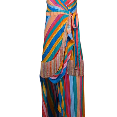 Farm Rio - Rainbow Striped Wrap Dress w/ Fringe Trim Sz S