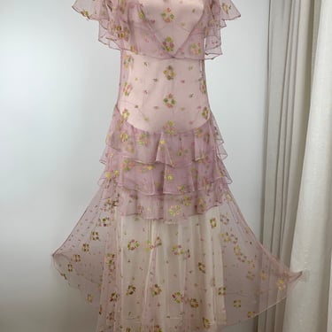 1920S-30s Gauze Net Dress - Sheer Netting with Embroidered Flowers - Ruffled Sleeves &  Flared Tulip Skirt - Small to Medium 27 Inch Waist 