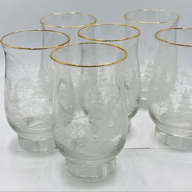 Set of 4 Vintage Arby's White Winter Scene Footed Tumbler Glasses Libbey 