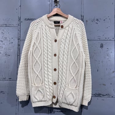 Large 90’s Cable Knit Neutral Cream Cardigan Sweater Preppy Prep Nautical Oversized 