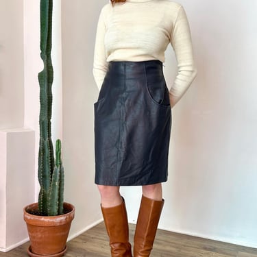 Vintage 1980s Skirt / 80s YSL Buttery Leather Pencil Skirt / Navy Blue ( medium M ) 