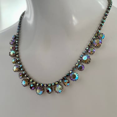 1950's Rhinestone Necklace - Aurora Borealis Crystals - All Prong Set - 17-1/2 Inch Length 