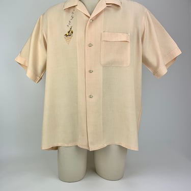 1950's Rayon Shirt - Embroidered Crest of a Sailboat with Seagulls - Light Peach - Mr. FREDERICK - Men's Size X-Large 