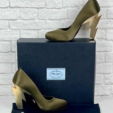 Prada Satin Pumps Lightning Bolt Heel, Olive and Gold