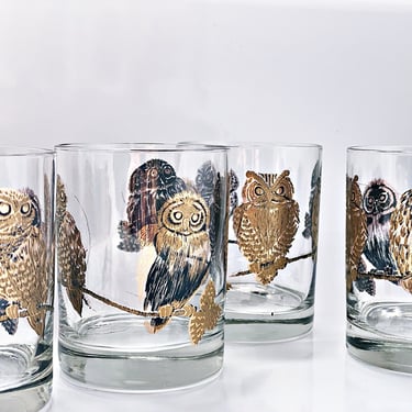 Vintage Cera Glassware old fashioned cocktail glasses sets of 2 or 4 gold owl whiskey glasses, rocks bar tumblers, Mid Century owl decor 