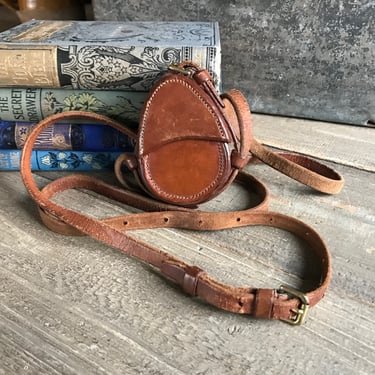 English Leather Compass Case, Military, Adjustable Leather Carry Strap, Solid Brass Buckles, Broad Arrow Stamp, Historical 