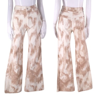 70s painters print high rise bell bottoms 26, vintage 1970s brushed cotton flares, Glad Rags jeans, bells pants S 4-6 