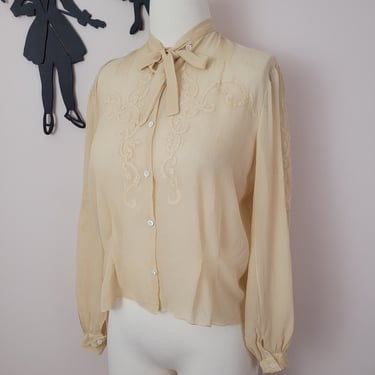 Vintage 1940's Sheer Top / 40s Yellow Mustard Embroidered Blouse Xs/s 