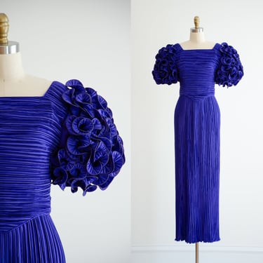 purple formal dress 80s vintage George F. Couture blue puff sleeve plisse pleated evening gown 