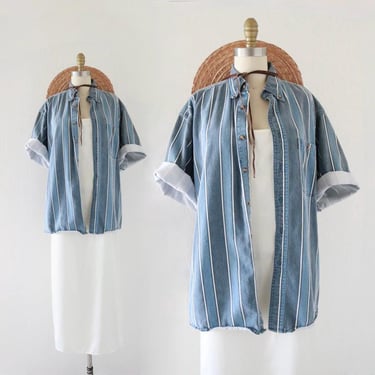 denim stripe button top - vintage 90s blue jean cotton minimal casual comfortable shirt blouse cotton striped 