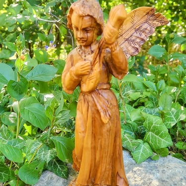 Vintage Olive Wood Angel with Mandolin~Hand Carved Figurine~Sacred Art 