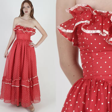Gunne Sax Red Chiffon Dress / Jessica McClintock Ruffled Saloon Dress / Western Off Shoulder Polka Dot Maxi Dress 
