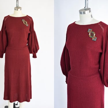 Vintage 1930s Balloon Sleeve Knit Dress | S/M | Antique 30s Burgundy Puff Sleeve Knitted Dress 