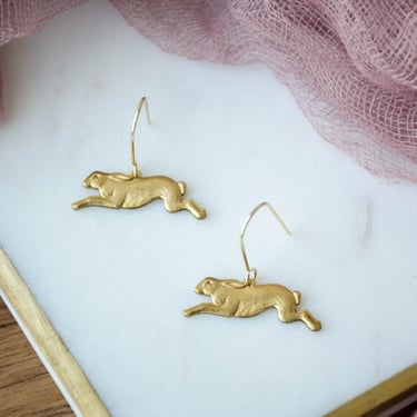 small gold rabbit earrings, bunny charm earrings, vintage brass earrings, bohemian cottagecore woodland gift for her, dainty earrings 