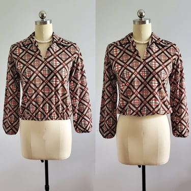 1970s Cowl Neck Blouse with Elastic Waist and Cuffs - 70s Blouse - 70's Women's Vintage Size Medium 