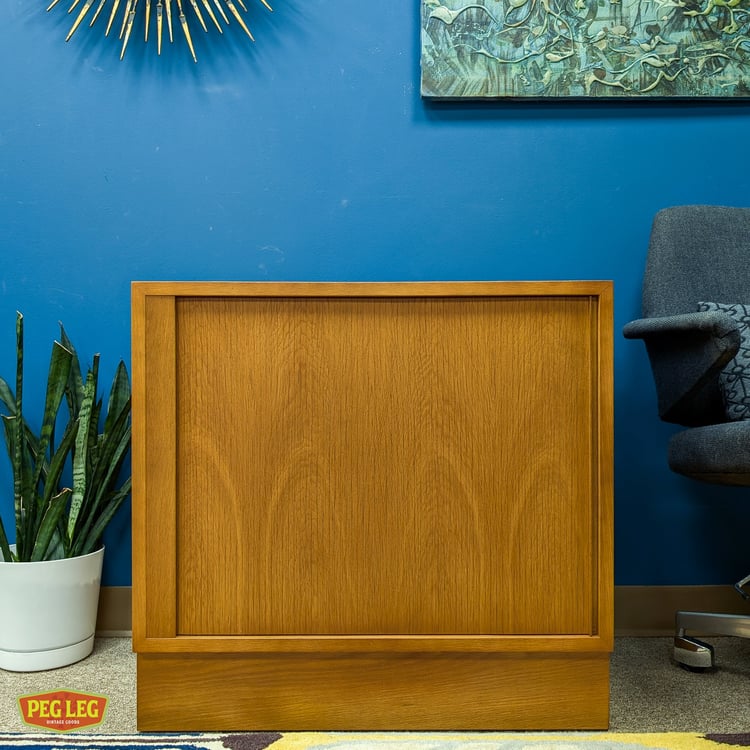 Danish Modern blonde oak tambour door cabinet