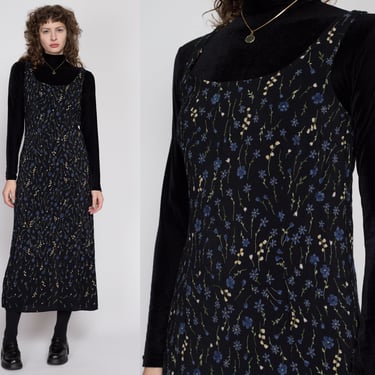 Small 90s Black & Blue Floral Sleeveless Maxi Dress | Vintage Grunge Scoop Neck Tank Sundress 