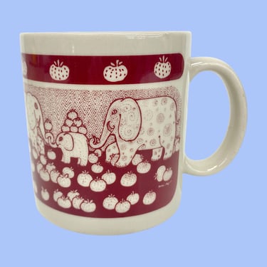 Vintage Taylor & NG Elephant Mug Retro 1970s Bohemian + Apples + White/Burgundy + Porcelain + Kitchen + Drinking Coffee or Tea + Made Japan 
