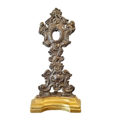 Antique Italian Baroque Silvered Metal-clad Gilt Wood Religious Relic Monstrance Reliquary Shrine 