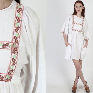 70s Austrian Inspired Prairie Dress / Colorful Floral Lace Bib Trim / Wide Kimono Sleeves Festival Mini Dress 