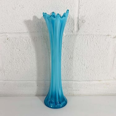 Vintage Turquoise Blue Swung Glass Vase Home Decor Mid-Century Boho Bohemian MCM Mid Century Fenton Opalescent Ribbed Art 1960s 60s 