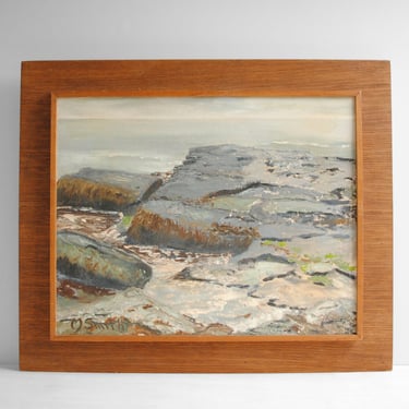 Vintage Mid Century Oil Painting of the Ocean and Tide Pools Among Rocks, Original Signed Seascape Painting, Framed Oceanscape Painting 