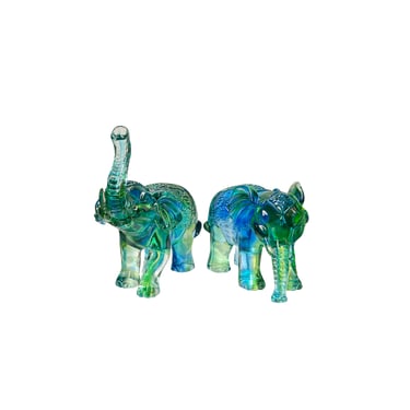 Pair Green Crystal Glass Fengshui Fortune Trunk Up Elephant Statues ws3641E 