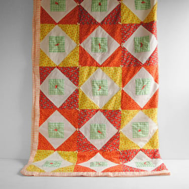 Vintage Handmade Patchwork Cotton Quilt in Red, Green, Yellow, and White, 71