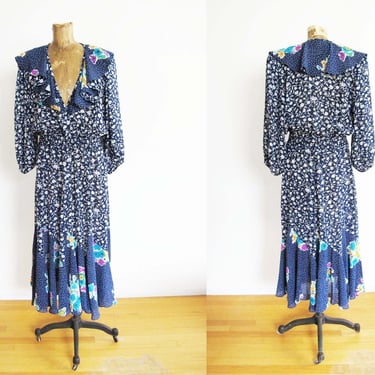 Vintage 80s Diane Freis Style Dress S M - 1980s Blue Floral Ruffle Romantic Midi Sundress 