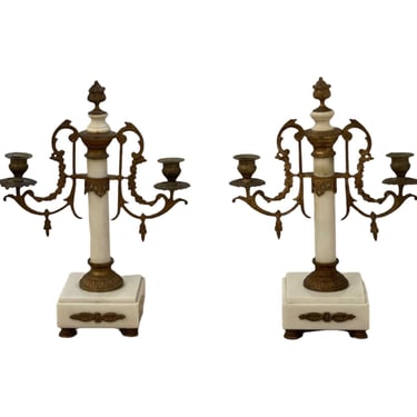 Pair of Louis XVI 19th Century Gilt-Bronze and Gilt-Metal and Marble Candelabra 