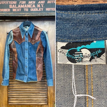 Vintage 1970’s “Antonio Guiseppe” Hippie Rocker Denim x Leather Shirt Jacket, 70’s Leather Patchwork, Vintage Clothing 