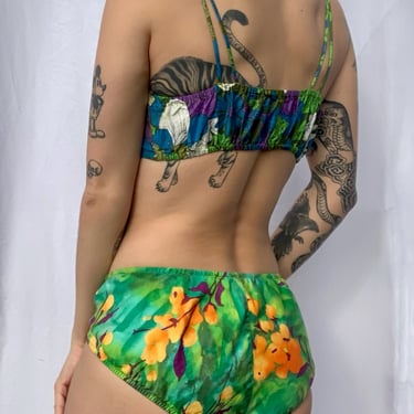 60's Bikini Bottoms /  Blue and Green Floral Print / Teensy Bathing Suit / Resort Wear / Vintage Swimsuit / Sixties Swimmy 